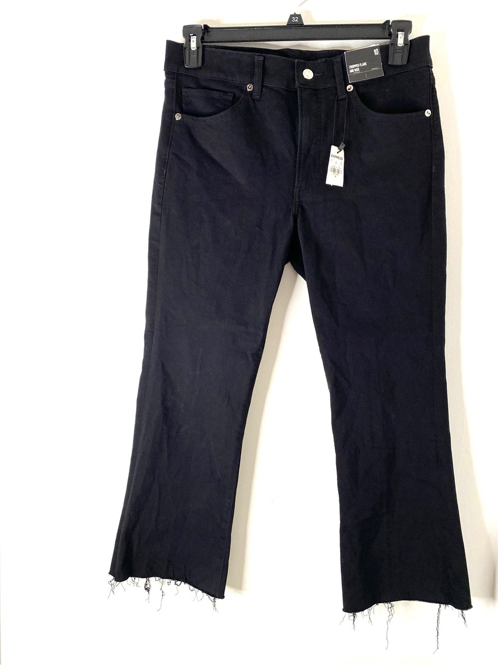 Express Black Cropped Flare Jeans Mid Rise Raw Hem Stretch Denim NWT